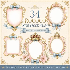 Op de afbeelding: Een collectie van 34 rococo-fotolijsten met sierlijke gouden randen, zachtroze achtergronden en lichtblauwe linten. Sommige lijsten bevatten bloemendetails of gouden kronen. De tekst luidt 34 ROCOCO STORYBOOK FRAMES.