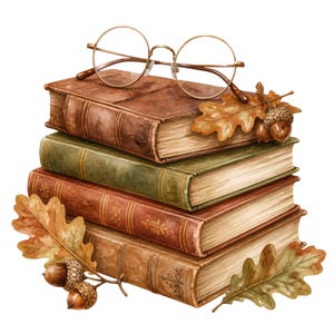May include: A stack of four vintage-style hardcover books with worn brown and green covers, topped with thin gold-rimmed round spectacles. The arrangement is decorated with several dried oak leaves and small brown acorns placed on the sides.