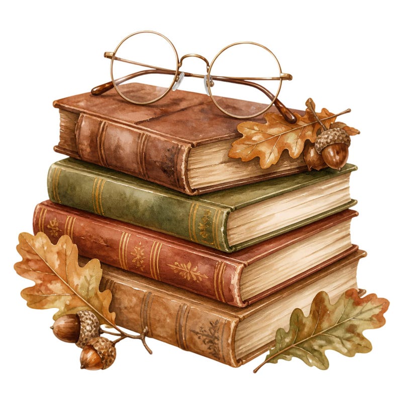 May include: A stack of four vintage-style hardcover books with worn brown and green covers, topped with thin gold-rimmed round spectacles. The arrangement is decorated with several dried oak leaves and small brown acorns placed on the sides.