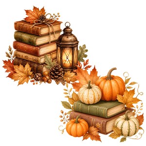 May include: A decorative arrangement featuring two stacks of vintage-style books, a dark metal lantern with a glowing light, several orange and white pumpkins, brown pinecones, and vibrant autumn maple leaves in shades of red, orange, and gold.