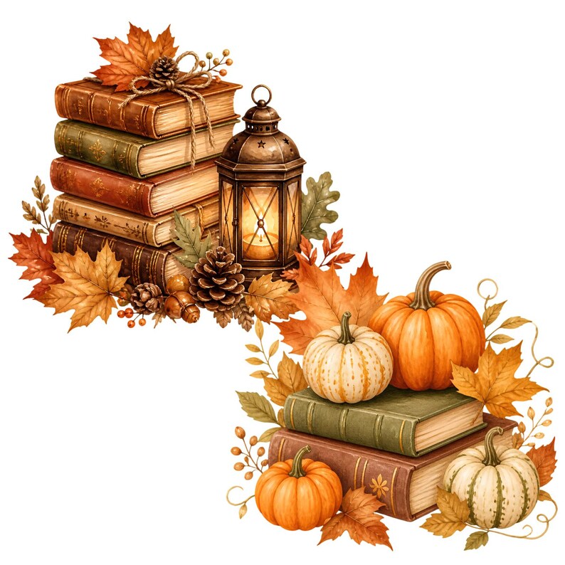 May include: A decorative arrangement featuring two stacks of vintage-style books, a dark metal lantern with a glowing light, several orange and white pumpkins, brown pinecones, and vibrant autumn maple leaves in shades of red, orange, and gold.