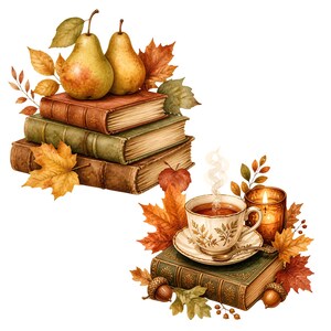 May include: A stack of three vintage books topped with two yellow pears and surrounded by autumn leaves. Nearby, a teacup on a saucer sits atop another book, accompanied by a lit candle, more autumn leaves, and two small brown acorns.