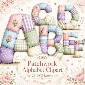 Patchwork Quilt Alphabet Clipart Bundle, Floral Letters and Numbers PNG