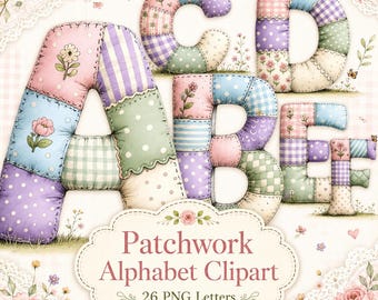 Pacchetto di clipart dell'alfabeto patchwork, lettere e numeri floreali in formato PNG