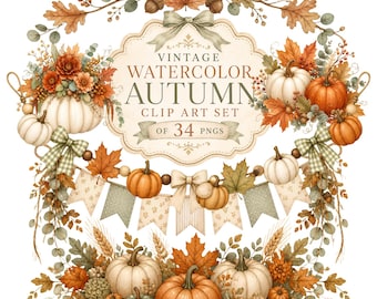 Vintage Watercolor Autumn Clipart Bundle, Fall Graphics (34 PNG Images)