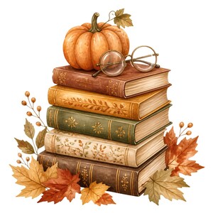 May include: A stack of five hardcover books with decorative spines, topped with an orange pumpkin and round gold-rimmed glasses. The books are surrounded by autumn maple leaves and thin branches with small berries, all rendered in a watercolor style.