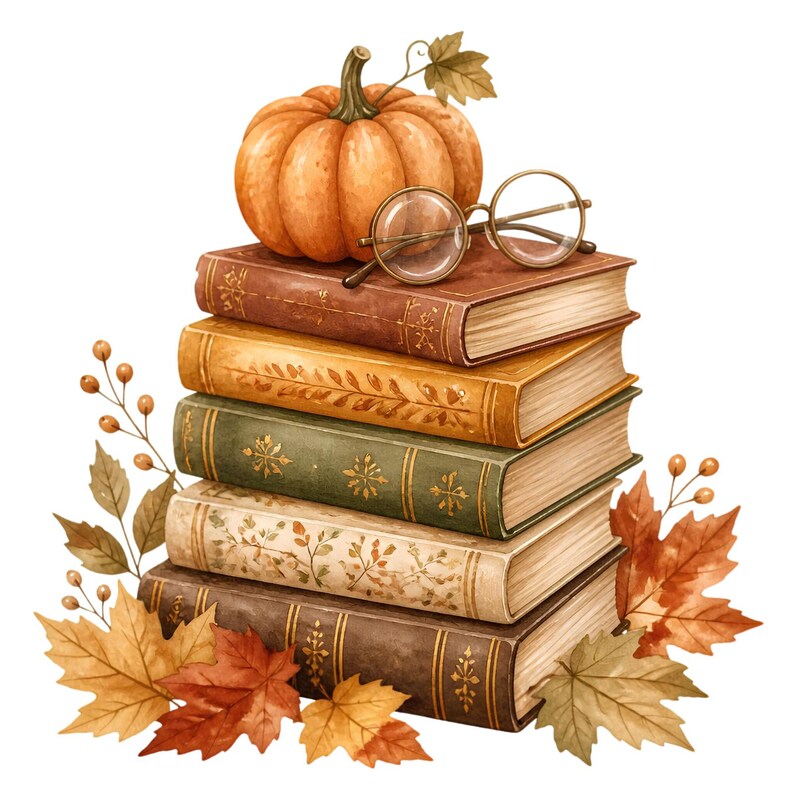 May include: A stack of five hardcover books with decorative spines, topped with an orange pumpkin and round gold-rimmed glasses. The books are surrounded by autumn maple leaves and thin branches with small berries, all rendered in a watercolor style.
