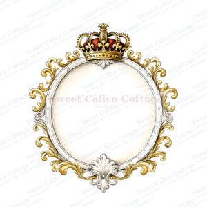 May include: An ornate, oval-shaped frame with a gold crown at the top. The frame has gold filigree detailing and a white center. The text "Sweet Calico Cottage" is visible in the image. This design is suitable for digital art or crafting projects.