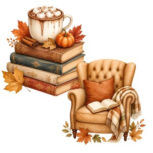 May include: A stack of four vintage-style books topped with a mug of hot cocoa with marshmallows, a small orange pumpkin, and cinnamon sticks. Beside the books is a tan tufted armchair with a rust-colored pillow, an open book, and a plaid throw blanket.