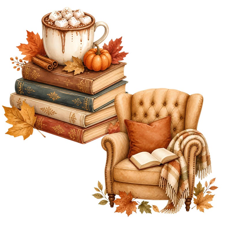 May include: A stack of four vintage-style books topped with a mug of hot cocoa with marshmallows, a small orange pumpkin, and cinnamon sticks. Beside the books is a tan tufted armchair with a rust-colored pillow, an open book, and a plaid throw blanket.