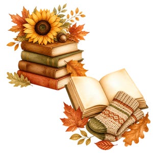 May include: A stack of four hardcover books topped with a large yellow sunflower, an acorn, and orange maple leaves. Beside the stack is an open book resting on a pair of beige knit socks with a green and brown geometric pattern and autumn leaves.