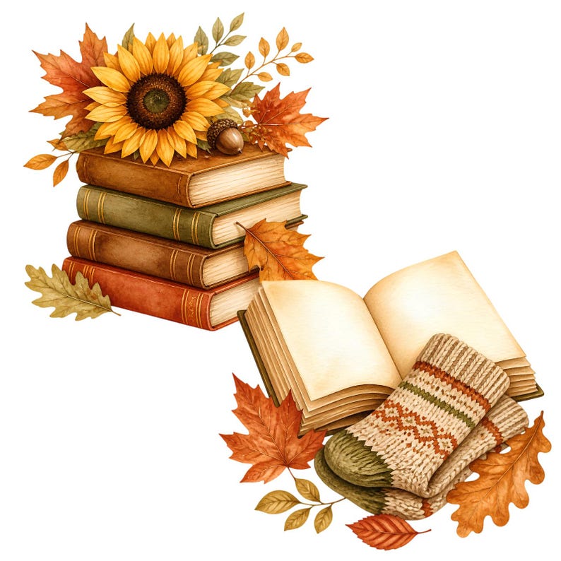 May include: A stack of four hardcover books topped with a large yellow sunflower, an acorn, and orange maple leaves. Beside the stack is an open book resting on a pair of beige knit socks with a green and brown geometric pattern and autumn leaves.