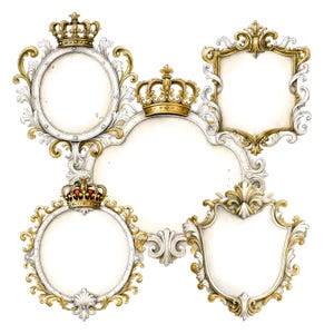 Storybook Rococo Crest Frames Clipart, White Gold Fairytale Frames PNG Bundle