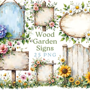 Puede incluir: Ilustraciones en acuarela de letreros de jardín de madera en varias formas, adornados con flores y vegetación. Los letreros incluyen un letrero azul colgante, un letrero rectangular y un letrero ovalado decorado con margaritas. También incluye el texto "Wood Garden Signs 25 PNG".