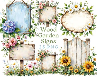 Rustic Wooden Garden Signs Clipart, Cottage Floral Watercolor Bundle (Digital Download)