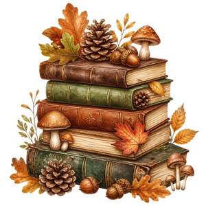 May include: A stack of five vintage-style books decorated with autumn elements including orange and yellow oak leaves, brown pinecones, acorns, and various mushrooms. The books feature weathered covers in shades of brown and green with gold detailing.