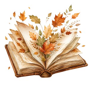 May include: An open book with aged, cream-colored pages featuring a vibrant illustration of autumn leaves in shades of orange, yellow, and brown emerging from the center. The book has a dark brown spine and cover, with scattered leaves floating above.
