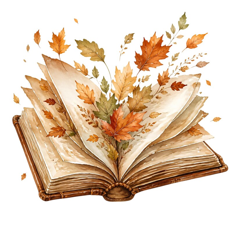 May include: An open book with aged, cream-colored pages featuring a vibrant illustration of autumn leaves in shades of orange, yellow, and brown emerging from the center. The book has a dark brown spine and cover, with scattered leaves floating above.
