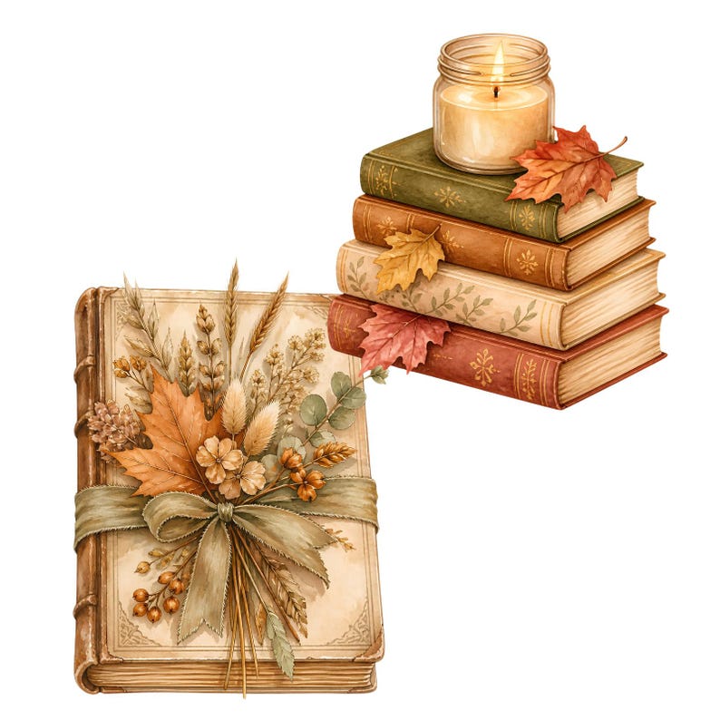 May include: A stack of four hardcover books in shades of green, brown, cream, and red, topped with a lit glass jar candle and an orange maple leaf. Beside it, a single book is tied with a green ribbon and decorated with dried wheat and leaves.