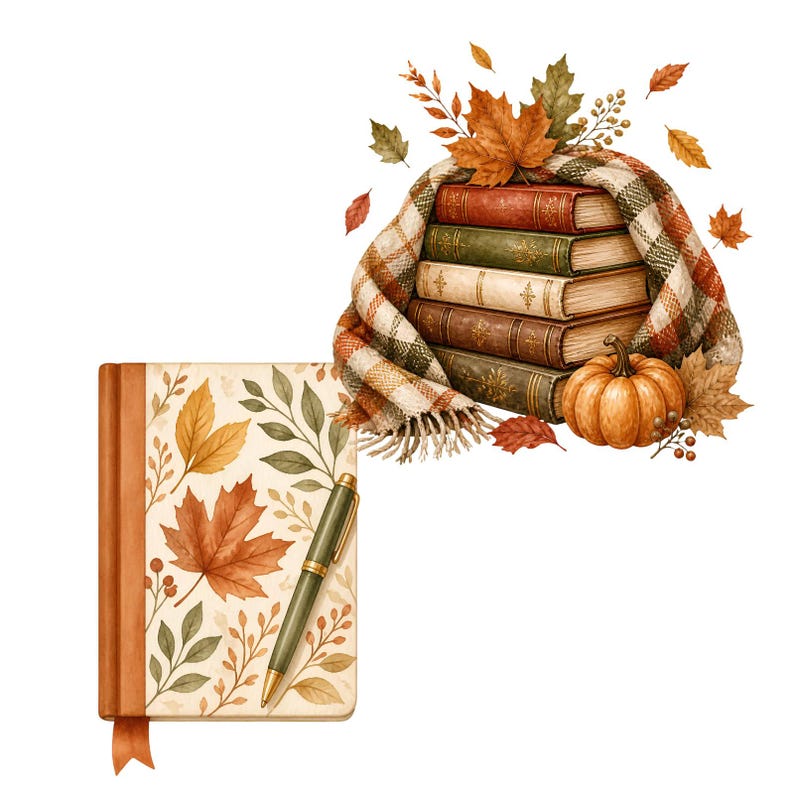 May include: A stack of five hardcover books draped in a plaid scarf, accompanied by a pumpkin and autumn leaves. Beside them lies a notebook with a maple leaf pattern and a green pen. The scene features warm orange, brown, and green tones.