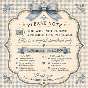 May include: A digital download notice featuring a blue gingham background and a decorative frame with a bow. The text states: PLEASE NOTE YOU WILL NOT RECEIVE A PHYSICAL ITEM IN THE MAIL. This is a digital download only. COMMERCIAL USE LICENSE.
