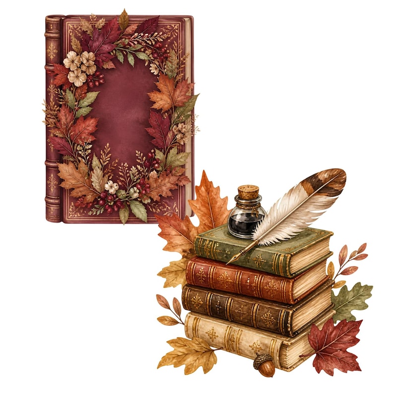 May include: A maroon book with a wreath of autumn leaves and berries on the cover, accompanied by a stack of four books in green, brown, and cream, topped with a glass ink bottle and a feather quill, all surrounded by scattered fall foliage.