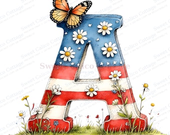 Vaterländisches Blumenalphabet-Clipart-Bündel, rote weiße blaue Buchstaben und Zahlen PNG