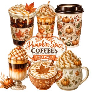 Pode incluir: Uma coleção de ilustrações de cafés com especiarias de abóbora, incluindo bebidas geladas, canecas quentes e lattes com chantilly, caramelo e padrões de folhas de outono. O texto diz Pumpkin Spice COFFEES WATERCOLOR CLIPART SET 30 PNG.