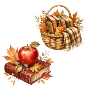 May include: A woven wicker basket filled with several hardcover books, autumn leaves, and a plaid blanket, alongside a single red apple resting on a thick, leather-bound book decorated with orange and brown fall foliage.