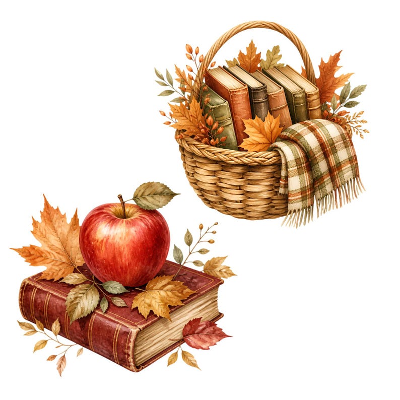 May include: A woven wicker basket filled with several hardcover books, autumn leaves, and a plaid blanket, alongside a single red apple resting on a thick, leather-bound book decorated with orange and brown fall foliage.
