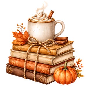 May include: A stack of four vintage-style books tied with a jute twine bow, topped with a ceramic mug of hot beverage featuring whipped cream, cinnamon sprinkles, and a cinnamon stick. An orange pumpkin and autumn leaves sit beside the books.
