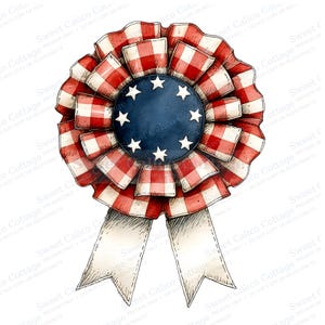 Könnte beinhalten: Aquarellillustration einer patriotischen Rosette. Das Design zeigt rot-weißes Vichy-Band, eine blaue Mitte mit weißen Sternen und cremefarbene Bänder. Die Rosette ist ein dekoratives Emblem.