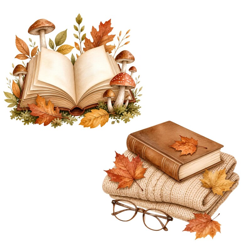 May include: An open book surrounded by brown mushrooms and autumn leaves, paired with a closed brown book resting on a folded beige knit sweater, accompanied by a single orange leaf and a pair of round-rimmed glasses with thin brown frames.