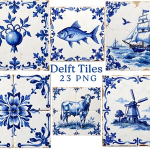 May include: A set of Delft tiles with blue and white patterns. The tiles depict a pomegranate, a fish, a sailing ship, a floral design, a cow, and a windmill. The text "Delft Tiles 23 PNG" is also visible.