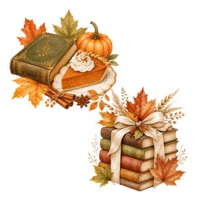 May include: A collection of autumn-themed items including a green vintage book, a slice of pumpkin pie with whipped cream, a whole pumpkin, cinnamon sticks, and a stack of four books tied with a cream ribbon, all decorated with orange and yellow maple leaves.
