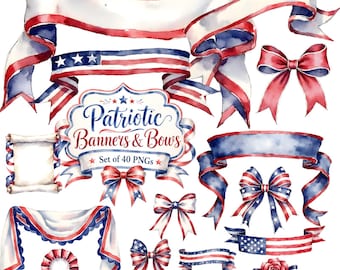 Patriotic USA Banners and Bows Clipart, Watercolor Red White Blue Ribbon PNG Set