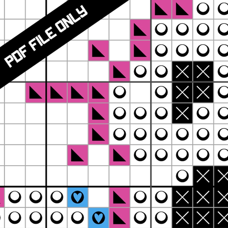 May include: A black and white cross stitch pattern with pink and blue hearts. The pattern includes a variety of shapes, including circles, triangles, and crosses.