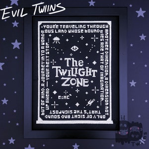 Puede incluir: Un patrón de punto de cruz en blanco y negro enmarcado en negro. El patrón presenta el texto "The Twilight Zone" con un ojo estilizado, estrellas y la ecuación "E=MC".
