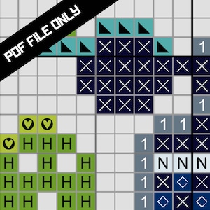 May include: A cross-stitch pattern with a grid background. The design features various symbols, including hearts, X's, and diamonds, in shades of blue, green, and gray. The text "PDF FILE ONLY" is diagonally across the top.