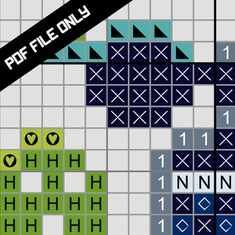 May include: A cross-stitch pattern with a grid background. The design features various symbols, including hearts, X's, and diamonds, in shades of blue, green, and gray. The text "PDF FILE ONLY" is diagonally across the top.