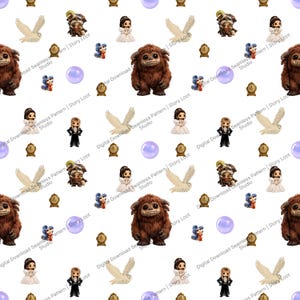 May include: A repeating seamless pattern on a white background featuring illustrations of a brown furry creature, a white owl in flight, a person in a white dress, a person in a black suit, a small clock, a blue creature, and a purple sphere.