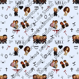 May include: A seamless pattern on a light blue background featuring repeating chibi-style character figures, black hearts, bats, crosses, vampire fangs, blood drips, and small stars. The design includes various groupings of stylized figures.