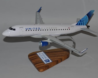 Embraer E175 United Express airplane model hand carved mahogany wood replica desktop display