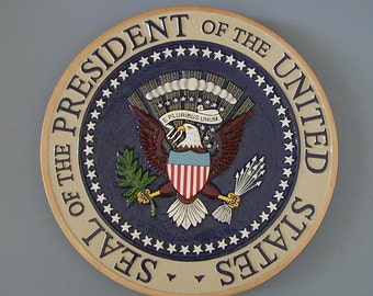 US Presidential Seal hand carved and hand painted mahogany wall plaque 14 inch diameter