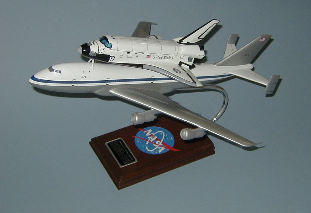 NASA Space Shuttle and 747 Carrier Model Hand Carved Mahogany Wood