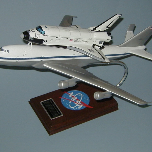 NASA Space Shuttle and 747 carrier model hand carved mahogany wood replica desktop display