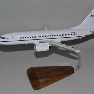 May include: White airplane model with a black stripe and the text "NT38A" on the side. The model is on a wooden stand with a silver metal base.