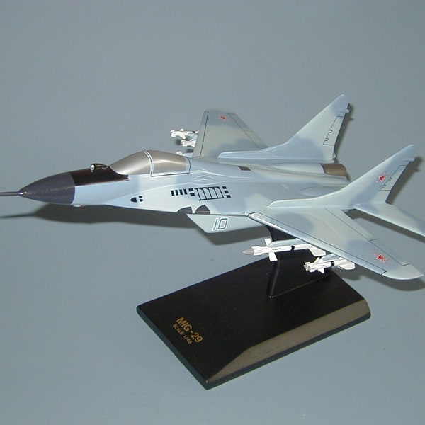 Russian Soviet Mig-29 Fulcrum fighter jet hand carved and painted mahogany wood airplane aircraft desktop display model