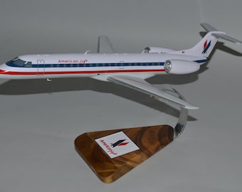 Embraer ERJ-145 American Eagle airlines (white) aircraft hand carved and painted mahogany wood airplane aviation desktop display model