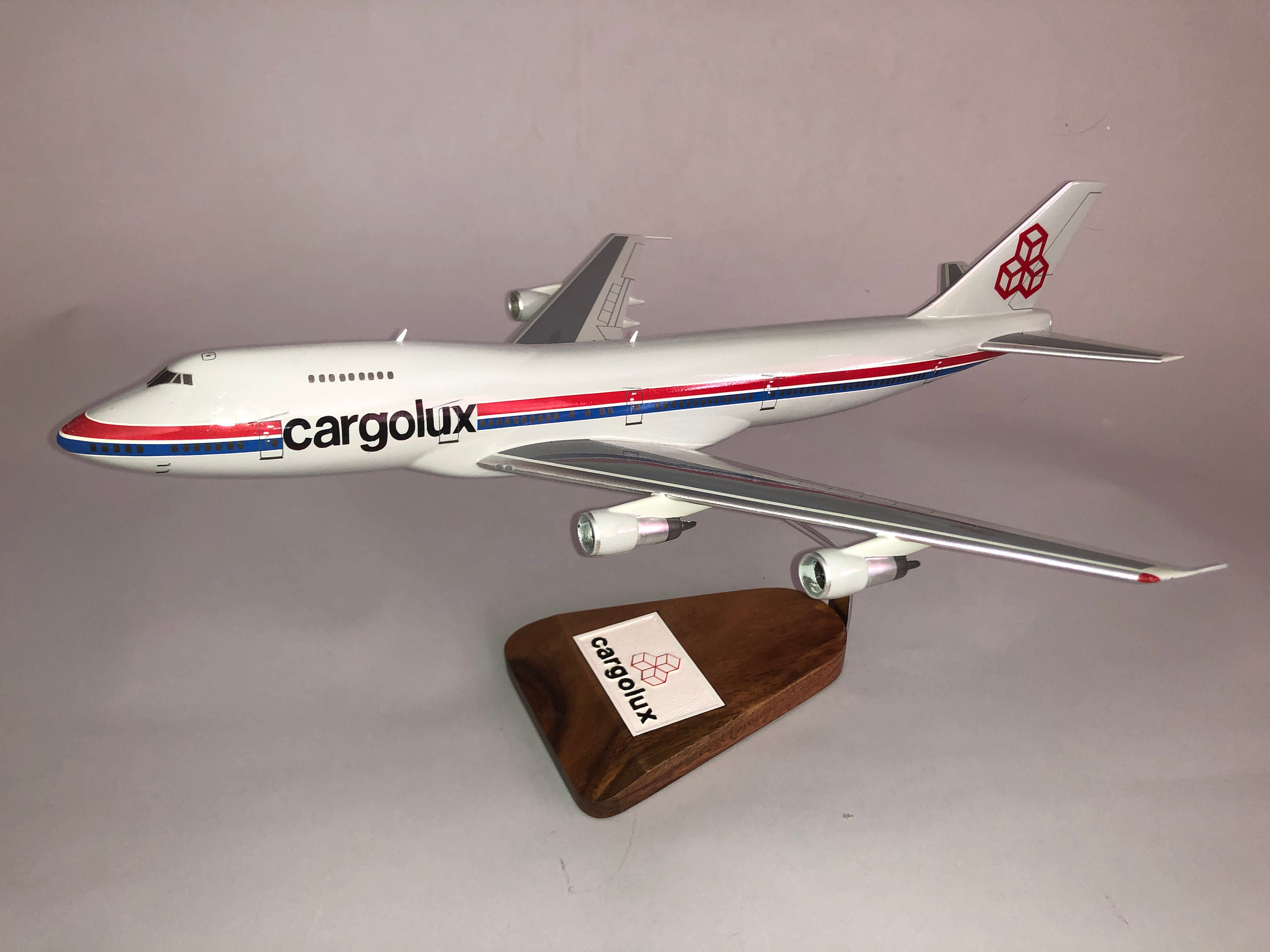 Boeing 747 CargoLux desktop display airplane model hand carved mahogany wood replica